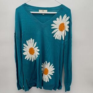 Laurie Felt Sweater Womens XXS Teal V Neck Daisy Floral Pullover Long Sleeve